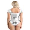 dPois Women Shiny Metallic Spandex Bodycon Bodysuit Ballet Gymnastics Dance Leotard Costumes Silver Large view 4