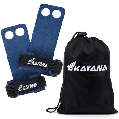 KAYANA 2 Hole Leather Gymnastics Hand Grips - Palm Protection and Wrist Support for Cross Training, Kettlebells, Pull ups, Weightlifting, Chin ups, Workout, & Exercise (Blue, X-Small)