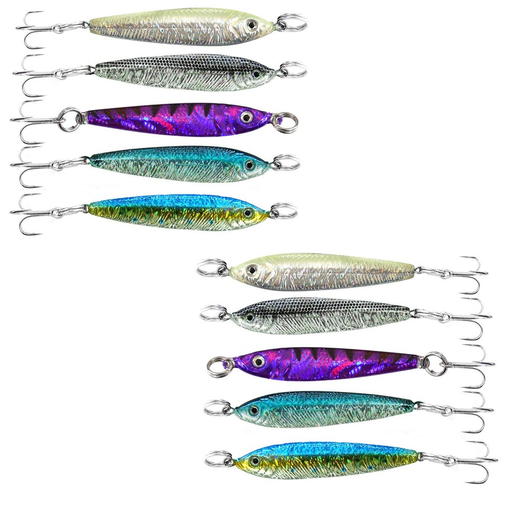 10pcs 1oz Fishing Metal Mega Live Bait Jig with a Super Sharp Treble Hook 5-Color Set Realistic 3D Eyes Quality Holographic Finish