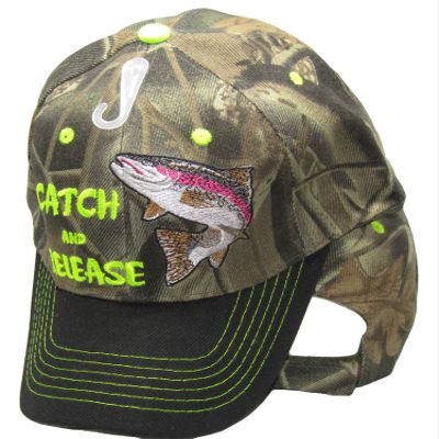 AES Catch & Release Trout Fishing Camouflage Camo Black Bill Embroidered Cap Hat 936