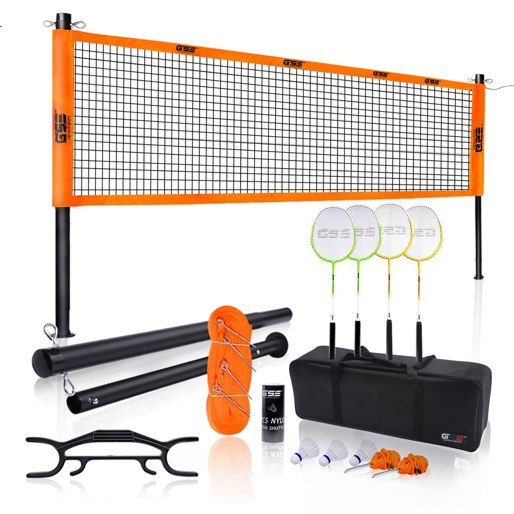 GSE Games & Sports Expert Professional Badminton Set, Outdoor Sports Net Game Set with Badminton Net, 4 Badminton Rackets, 3 Shuttlecocks, Boundary Line. Great for Backyards, Parks, Beach, Lawn
