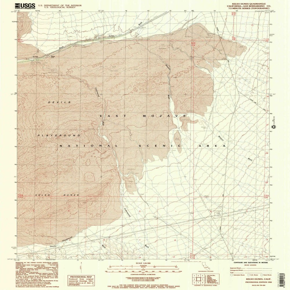 Kelso Dunes CA topo map, 1:24000 Scale, 7.5 X 7.5 Minute, Historical, 1984, Updated 1985, 26.7 x 21.5 in - Tyvek