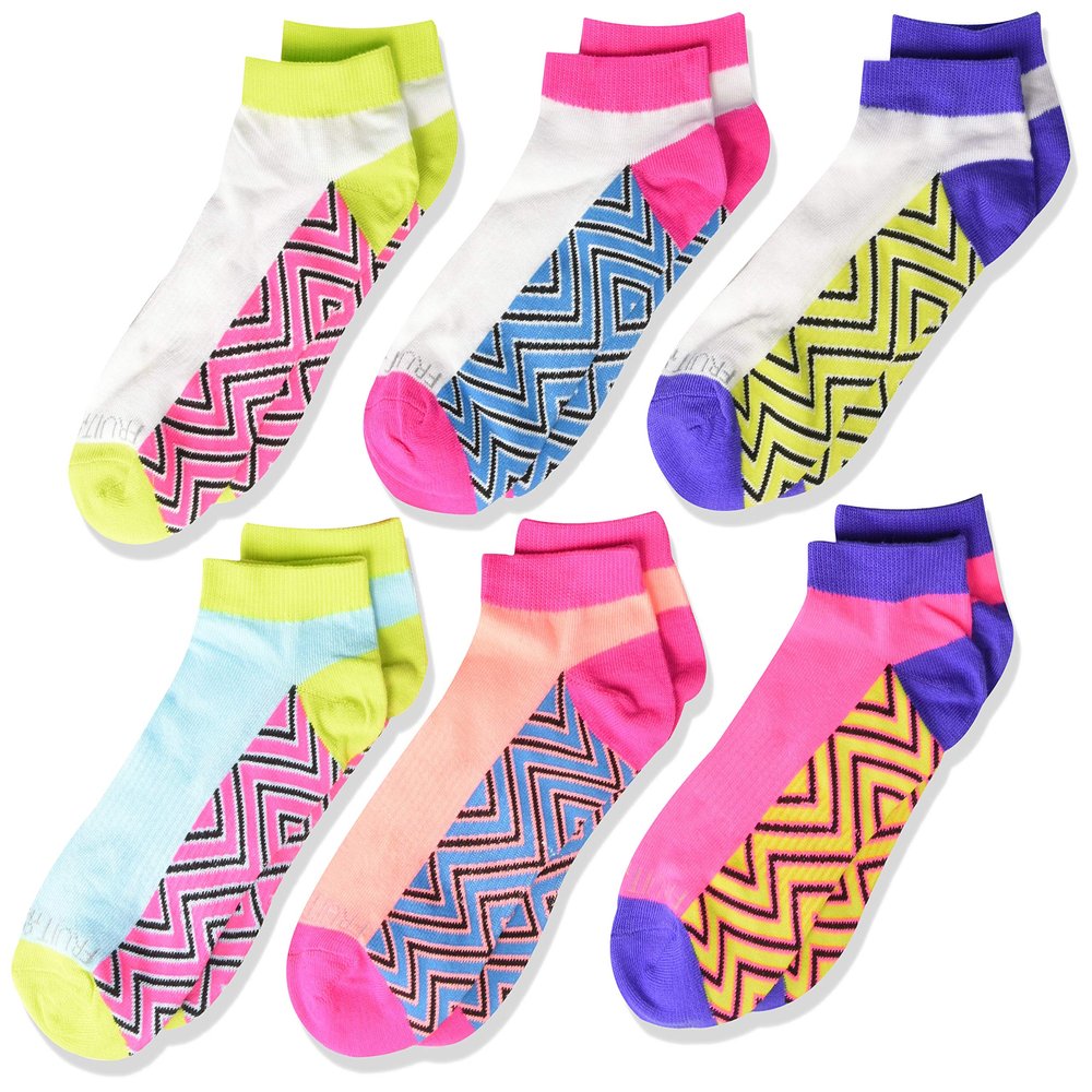Fruit of the Loom Girls' Big Everyday Active Low Cut Socks with Arch Support 6 Pair, White Purple, Peach/Pink, Blue/Green, Shoe Size: 10.5  4 (Medium)