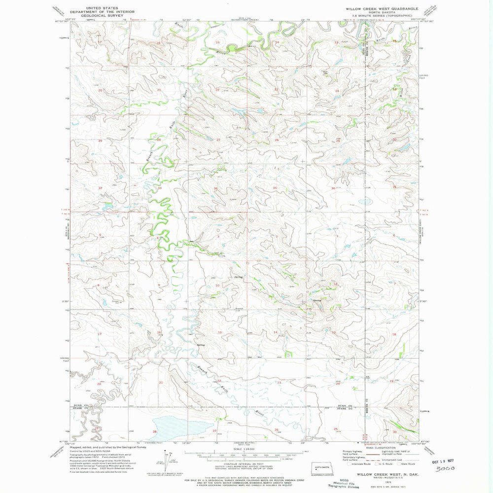 Willow Creek West ND topo map, 1:24000 Scale, 7.5 X 7.5 Minute, Historical, 1973, Updated 1977, 26.9 x 22.1 in - Tyvek
