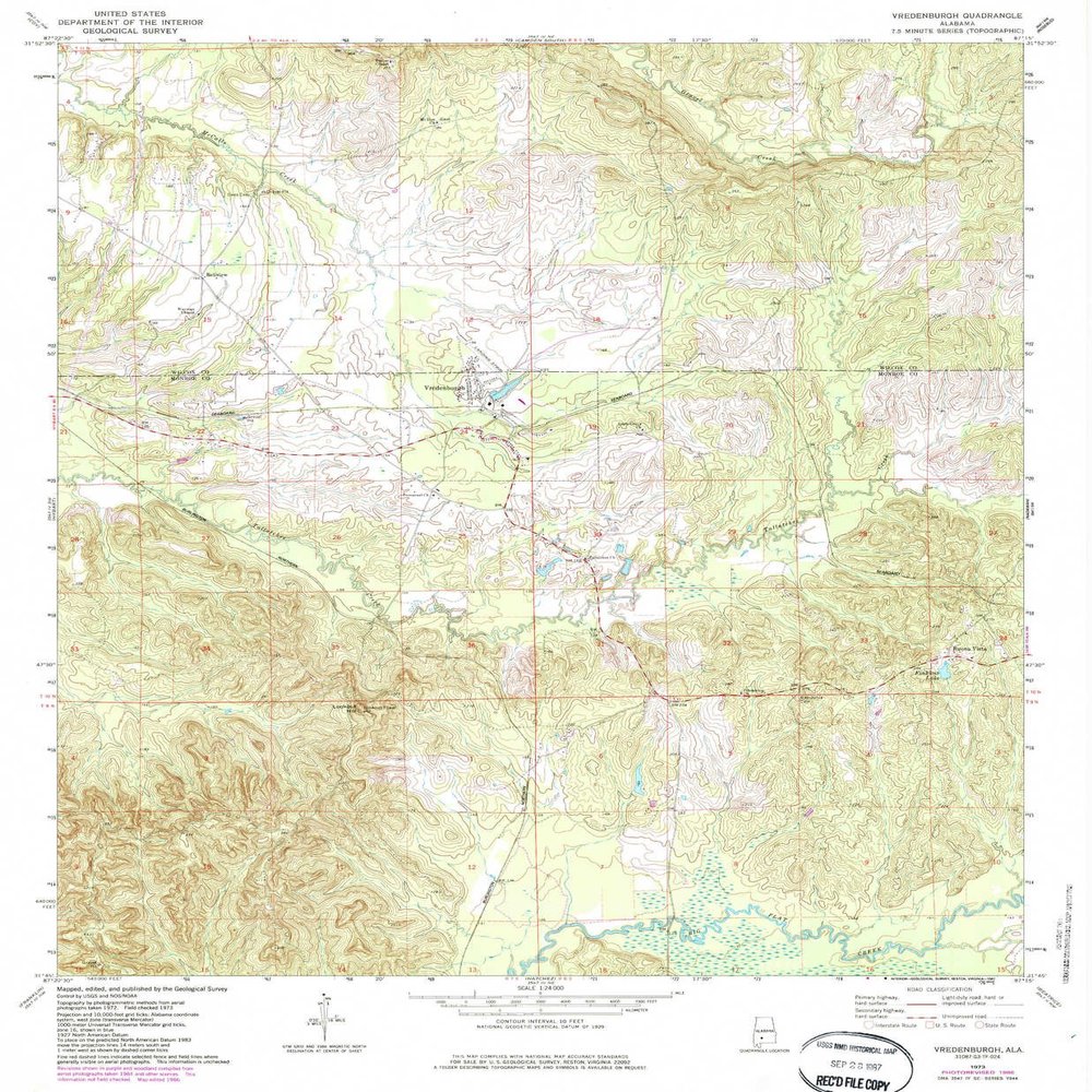 YellowMaps Vredenburgh AL topo map, 1:24000 Scale, 7.5 X 7.5 Minute, Historical, 1973, Updated 1987, 26.6 x 21.9 in - Tyvek