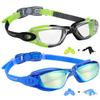 EverSport Kids Swim Goggles, Pack of 2 Swimming Goggles for Children Teens, Portable Anti-Fog Anti-UV Youth Swim Glasses Leak Proof for Age4-16, Green/Black & Mirrored Blue view 1