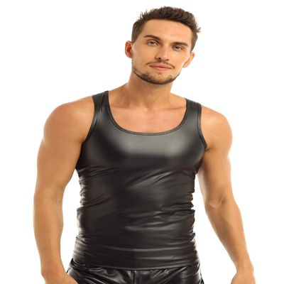 YiZYiF Men's Wetlook Leather Stringer Gym Tank Tops Bodybuilding Workout Sleeveless Shirts Black Large