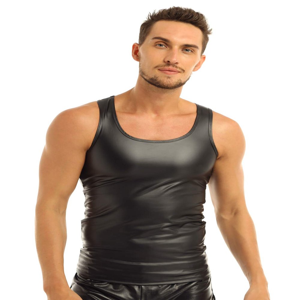YiZYiF Men's Wetlook Leather Stringer Gym Tank Tops Bodybuilding Workout Sleeveless Shirts Black Large