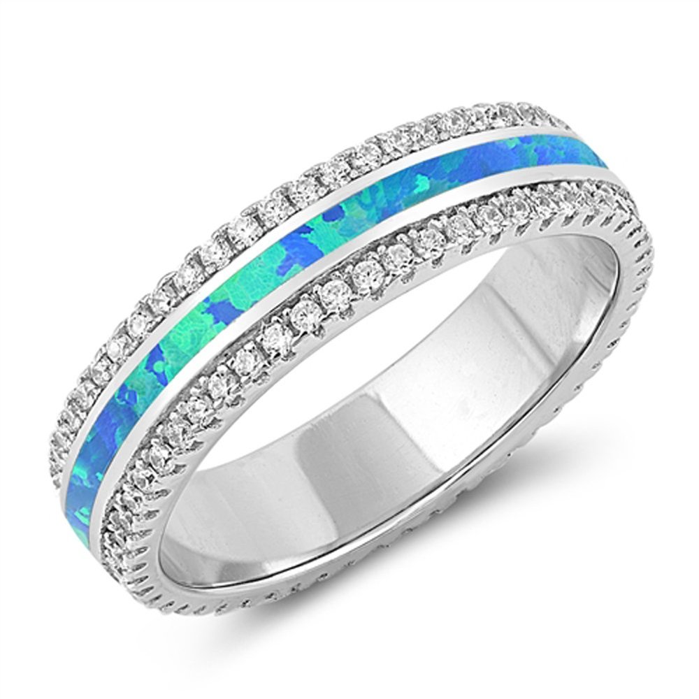 Blue Simulated Opal Eternity Wedding Ring .925 Sterling Silver Stripe Band Size 9