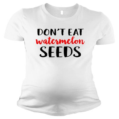 PandoraTees Maternity Short Sleeve T-Shirt - Don't Eat Watermelon Seeds (Small, White)