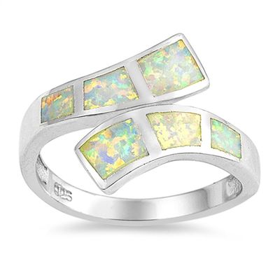 White Simulated Opal Wave Double Shank Cocktail Ring Sterling Silver Band Size 5