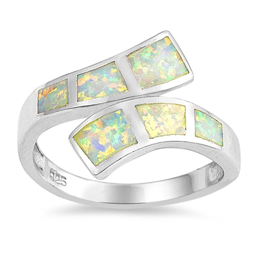 White Simulated Opal Wave Double Shank Cocktail Ring Sterling Silver Band Size 5