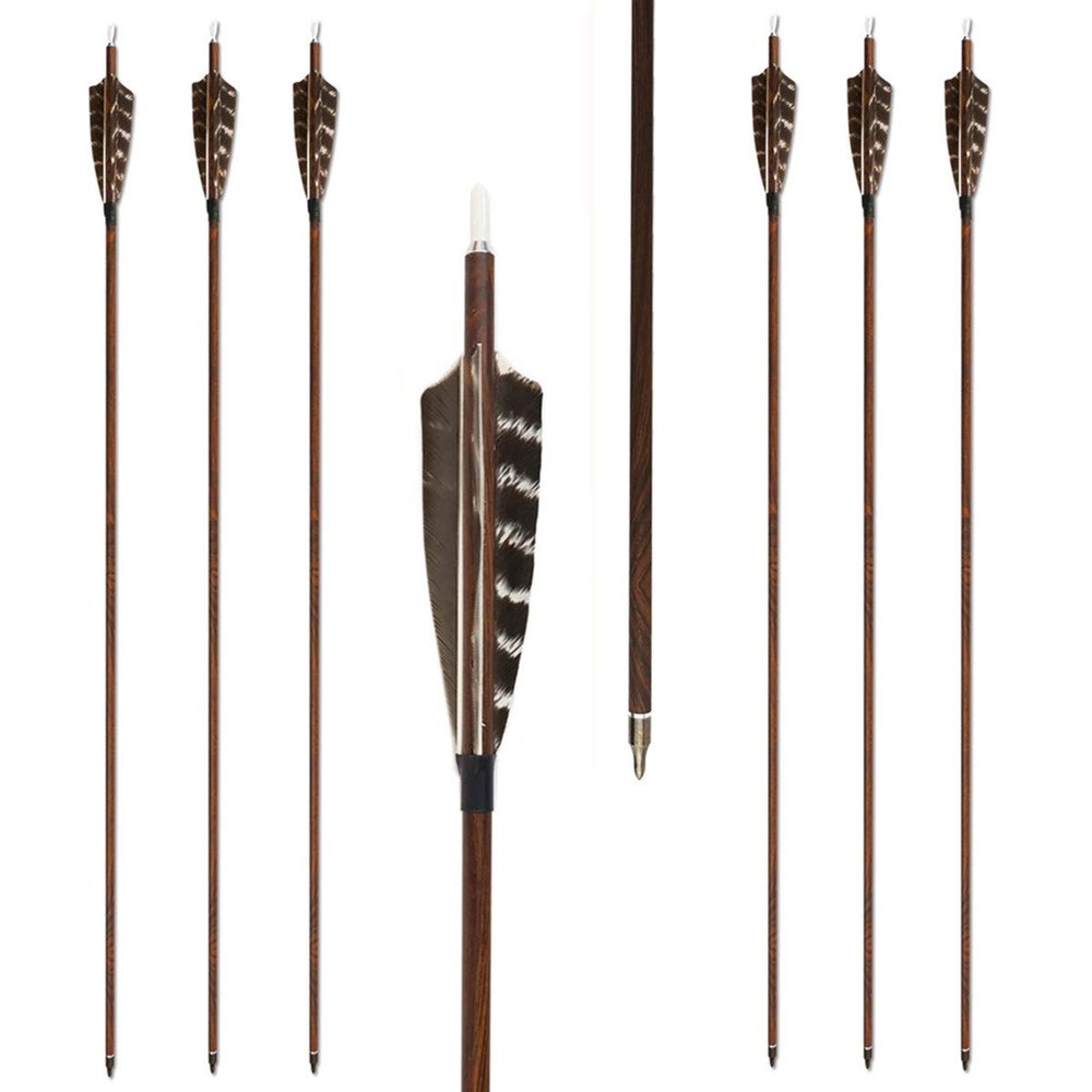 Letszhu Archery Carbon Arrows Wooden Grain Shaft 500 Spine with Feather Fletching for Hunting Target Shooting (31 Inch Arrows 6 Pack)