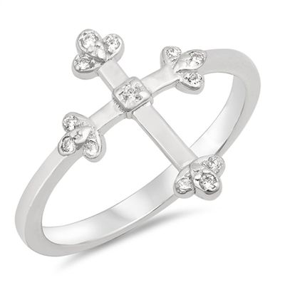 Clear CZ Christian Cross Victorian Style Ring Sterling Silver Band Size 8