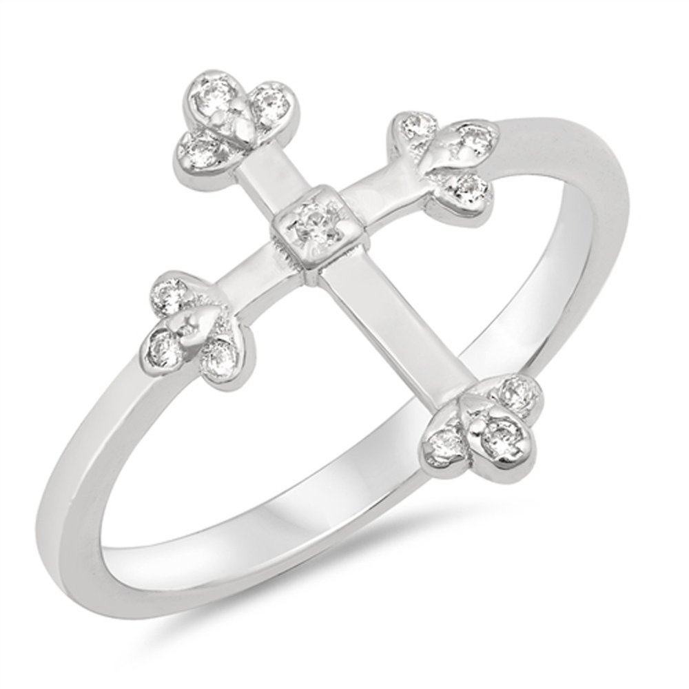 Clear CZ Christian Cross Victorian Style Ring Sterling Silver Band Size 8