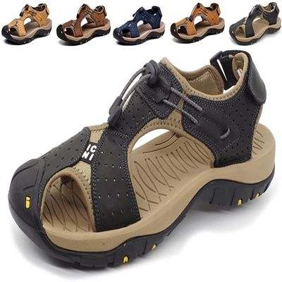 Asifn Sandals Men Leather Beach Shoes Baotou Casual Large Size Outdoor Casual Fisherman Strap Hiking black-43(10.5 M US,27.5 cm Heel to Toe