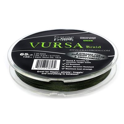 Fitzgerald Vursa Braided Green Professional Graded Power Fishing Line 150/300/1500 Yd, Smooth 8 Strands, Extremely Thin, Heavy Duty, Superior Knot Strength, Longer Casting, Fade Resistant, 10-80 Lb