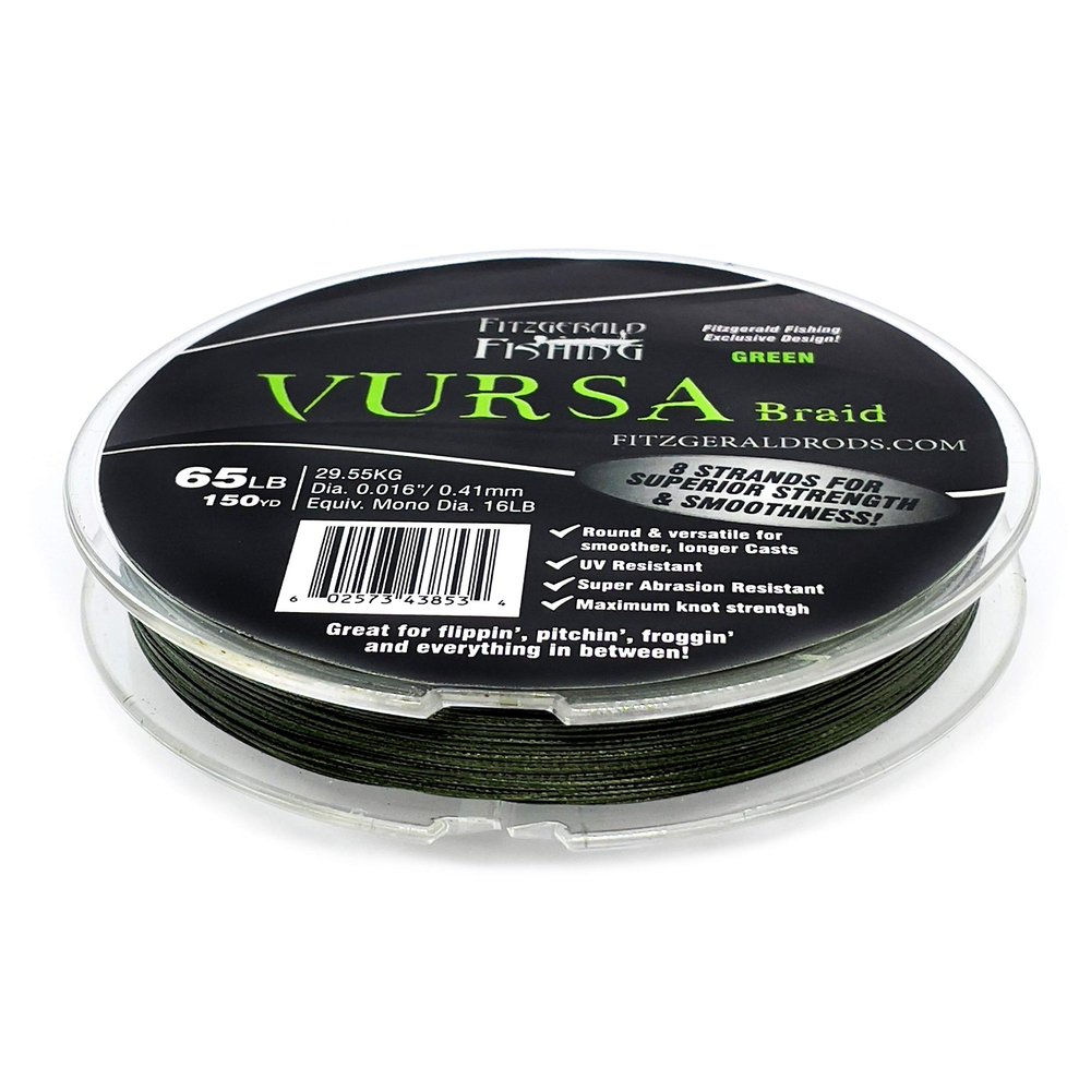 Fitzgerald Vursa Braided Green Professional Graded Power Fishing Line 150/300/1500 Yd, Smooth 8 Strands, Extremely Thin, Heavy Duty, Superior Knot Strength, Longer Casting, Fade Resistant, 10-80 Lb