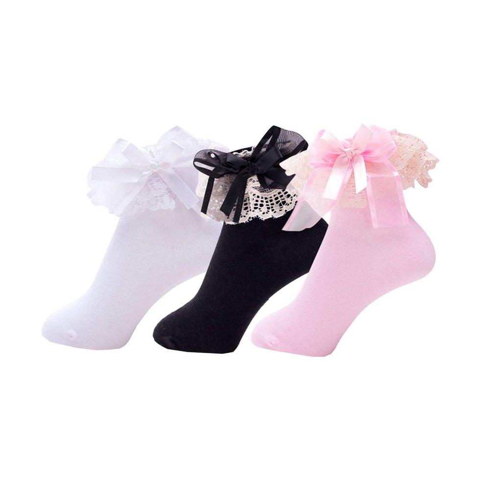 BAIYIXIN 3 Pack Little Girls Cotton Lace Ruffle Princess Style Dress Socks(2T-12T)