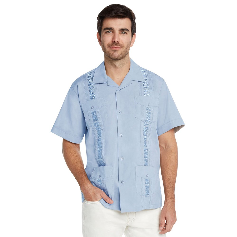 9 Crowns Essentials Men's Guayabera Button Down Shirt-L.Blue-2XL
