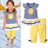 2Pcs Toddler Baby Girls Kids Ruffled Sleeve Striped Flower T-Shirt Tops +Shorts Pants Summer Outfits 1-8 Y (130/6-7Y, Blue+Yellow) view 2