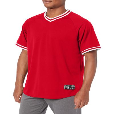 Holloway Retro V-Neck Men's Baseball Jersey, Scarlet | White, XX-Large