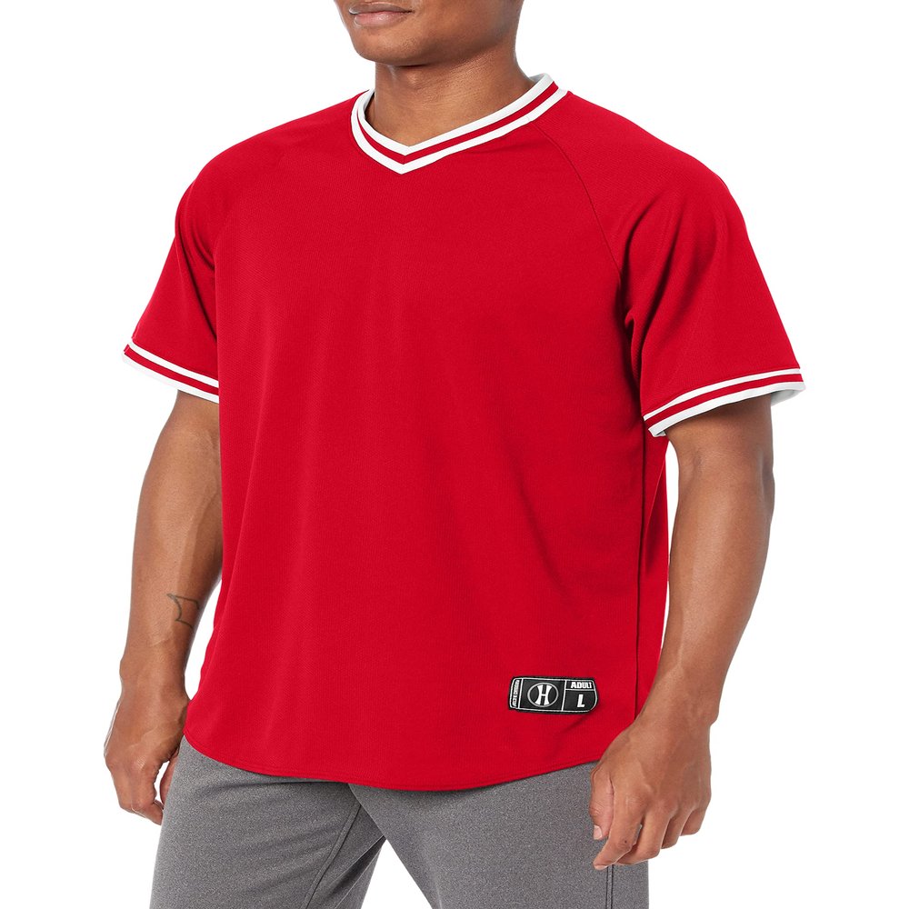 Holloway Retro V-Neck Men's Baseball Jersey, Scarlet | White, XX-Large