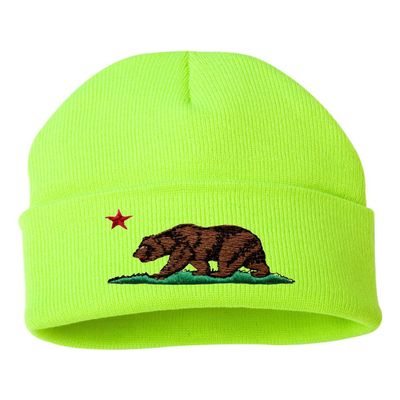 Go All Out One Size Safety Yellow Cuffed California Republic Bear Embroidered Cuffed Knit Beanie Cap