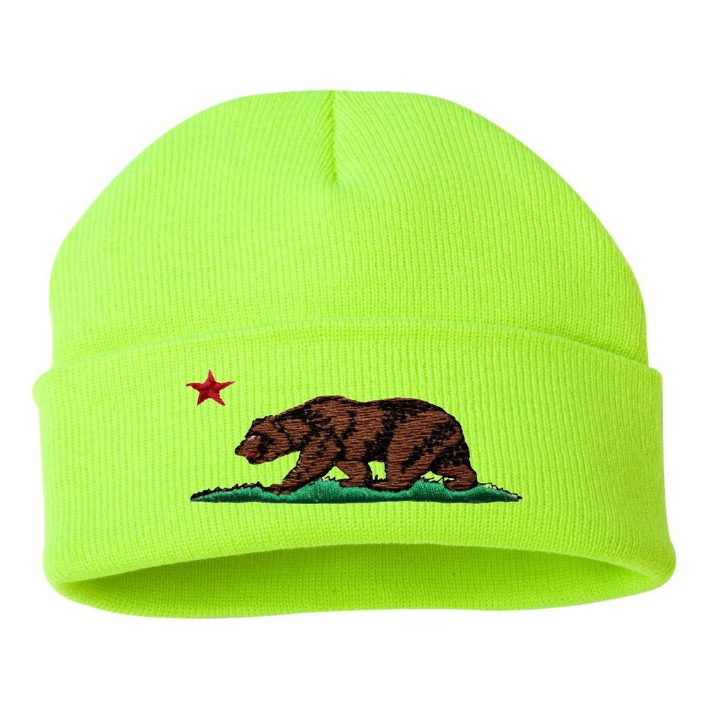 Go All Out One Size Safety Yellow Cuffed California Republic Bear Embroidered Cuffed Knit Beanie Cap