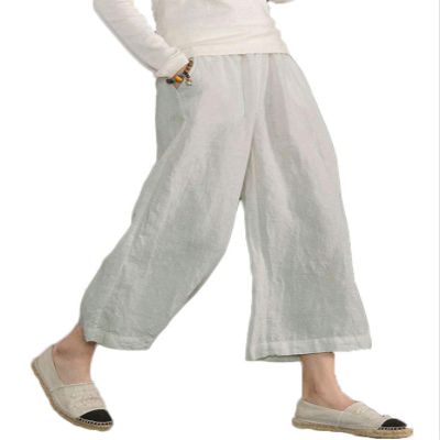 ECUPPER Womens Cotton Cropped Pants Loose Fit Wide Leg Capri Casual Plus Size Elastic Waist Trousers Light Grey S
