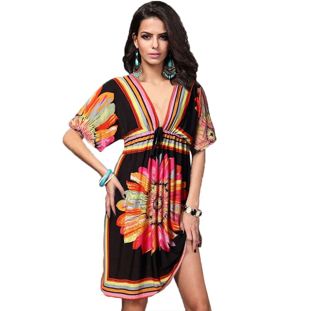 Boho Tunic Dress - Summer Short Sleeve Loose V Neck Sundress Tribal Printed Midi Dresses for Women (Red, M)