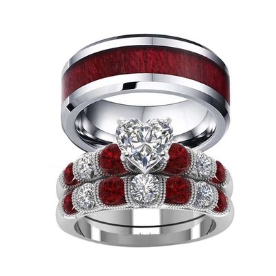 LOVERSRING Two Rings His and Hers Wedding Ring Sets Couples Rings White Gold Plated Stainless Steel Wedding Engagement Ring Bridal Sets Men's Tungsten Carbide Band