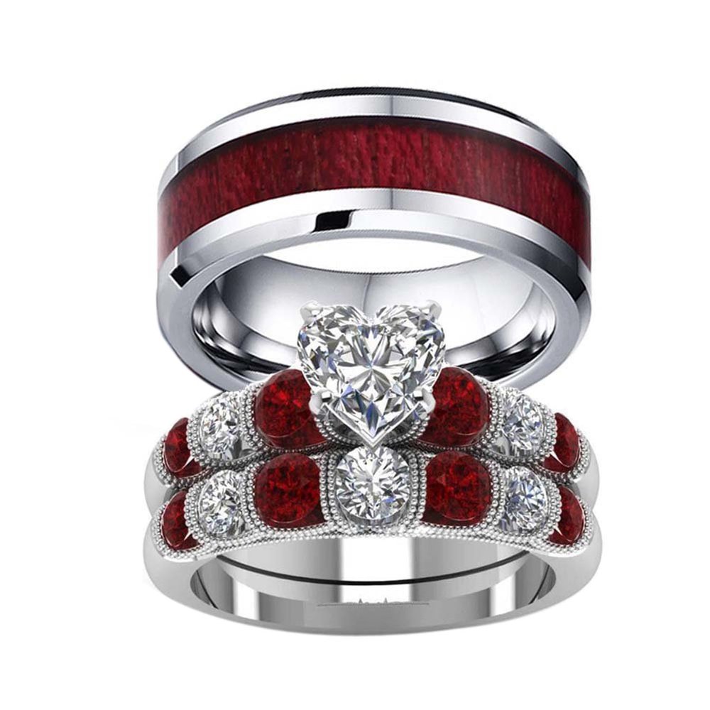 LOVERSRING Two Rings His and Hers Wedding Ring Sets Couples Rings White Gold Plated Stainless Steel Wedding Engagement Ring Bridal Sets Men's Tungsten Carbide Band