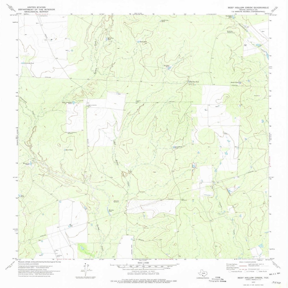 Beef Hollow Creek TX topo map, 1:24000 Scale, 7.5 X 7.5 Minute, Historical, 1972, Updated 1974, 27.2 x 23.3 in - Tyvek