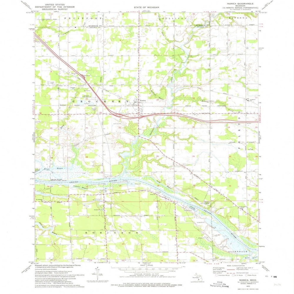 YellowMaps Nunica MI topo map, 1:24000 Scale, 7.5 X 7.5 Minute, Historical, 1972, Updated 1975, 26.8 x 21.9 in - Tyvek