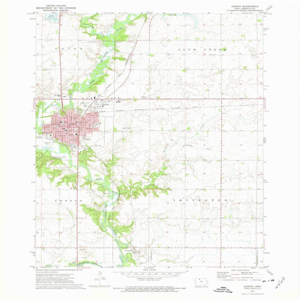 YellowMaps Algona IA topo map, 1:24000 Scale, 7.5 X 7.5 Minute, Historical, 1972, Updated 1975, 26.9 x 21.9 in - Tyvek