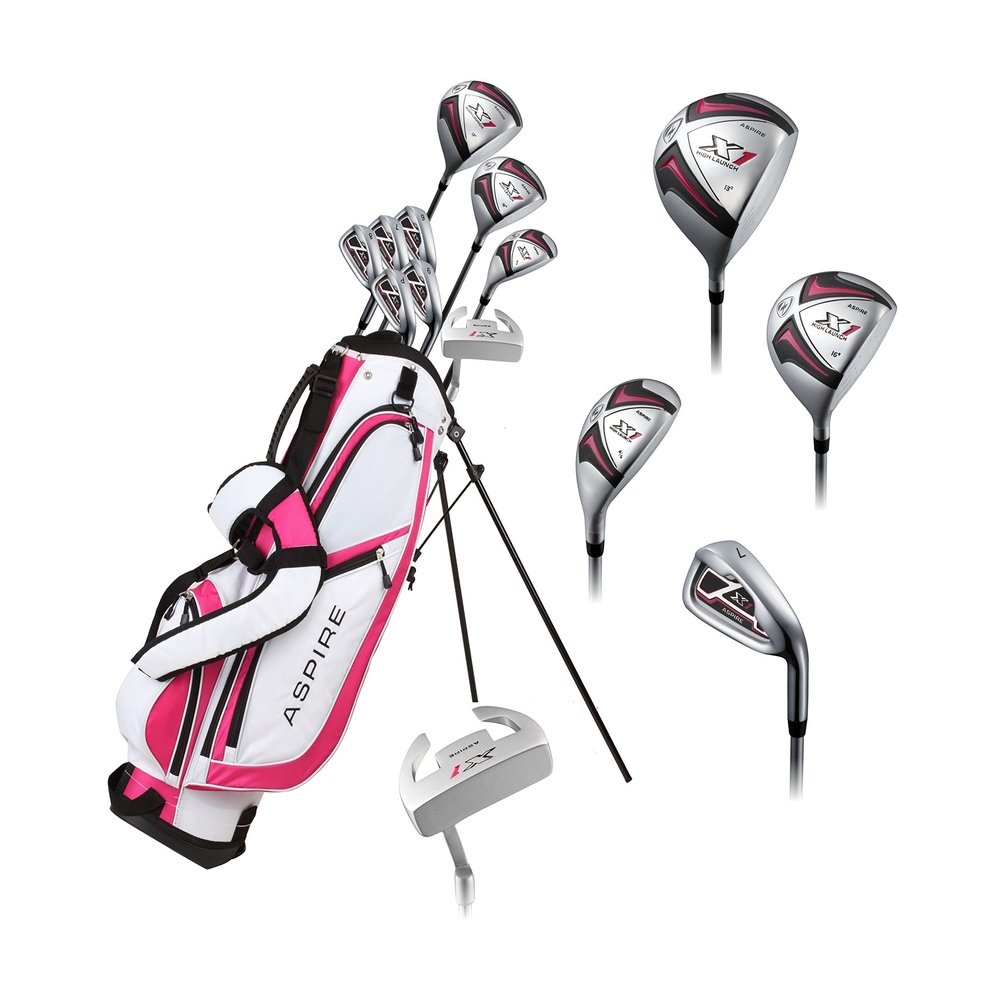 Aspire X1 Complete Womens Golf Clubs Full Set - Right Handed Golf Set for Women with Driver, Wood, Hybrid, Irons, Putter, 3 Head Covers & Stand Bag - Regular Size, Pink