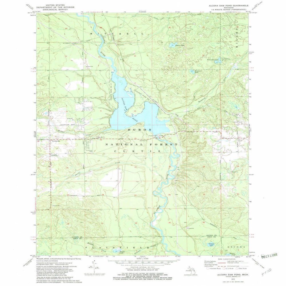 YellowMaps Alcona Dam Pond MI topo map, 1:24000 Scale, 7.5 X 7.5 Minute, Historical, 1972, Updated 1982, 26.8 x 22 in - Tyvek