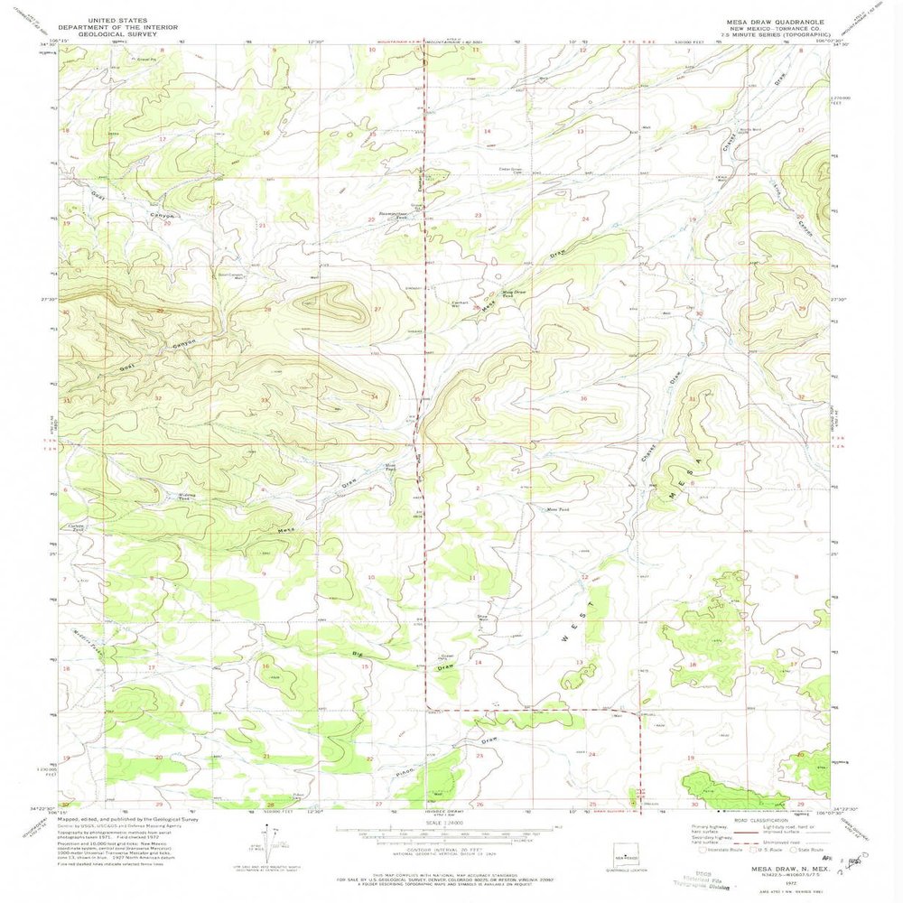 YellowMaps Mesa Draw NM topo map, 1:24000 Scale, 7.5 X 7.5 Minute, Historical, 1972, Updated 1975, 26.9 x 22.1 in - Tyvek