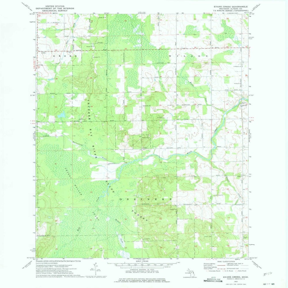 YellowMaps Evans Creek MI topo map, 1:24000 Scale, 7.5 X 7.5 Minute, Historical, 1972, Updated 1975, 26.9 x 21.9 in - Tyvek