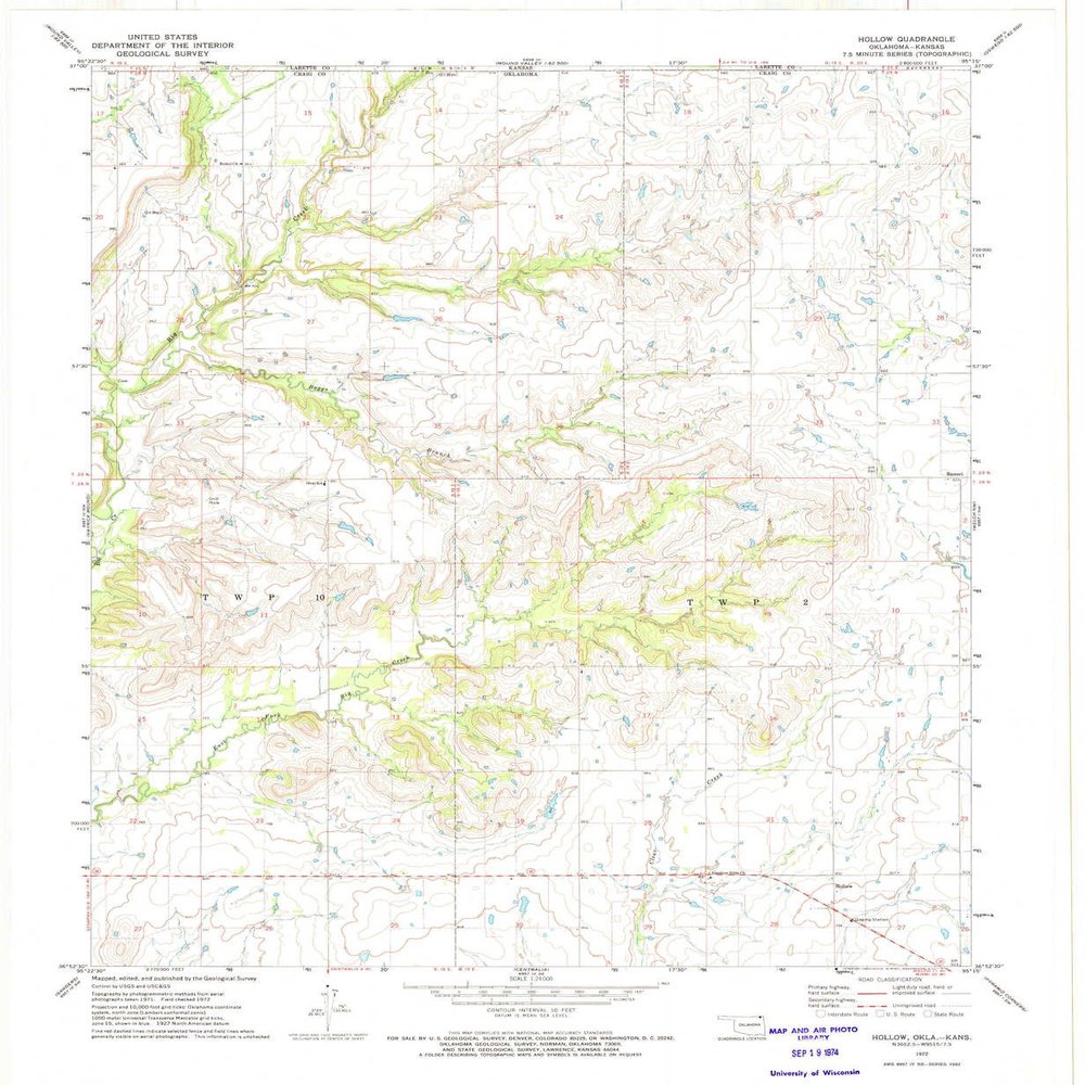 Hollow OK topo map, 1:24000 Scale, 7.5 X 7.5 Minute, Historical, 1972, Updated 1974, 27.3 x 22.4 in - Tyvek