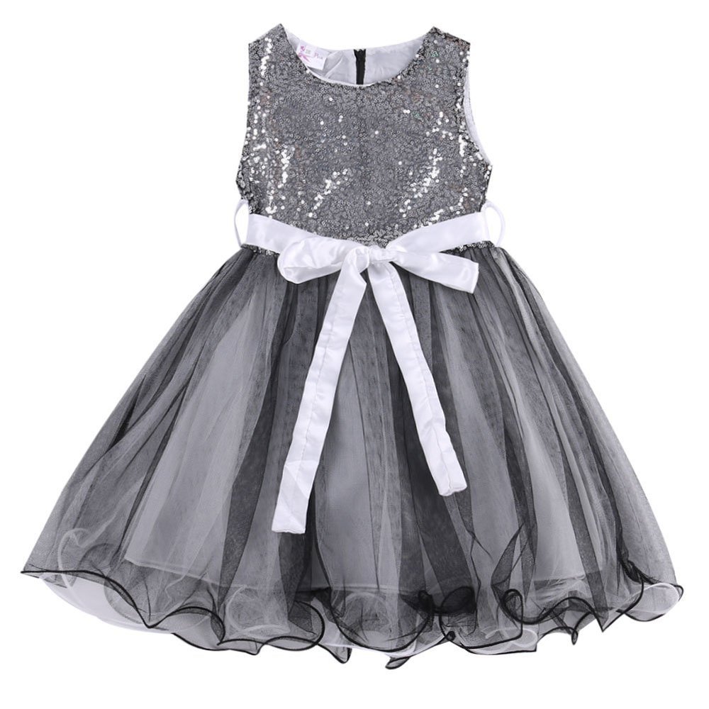YAZAD Toddler Kids Baby Little Girls Sleeveless Sequin Princess Tutu Dress Bowknot Summer Outfits 1-7Y (140/6-7Y, Grey)