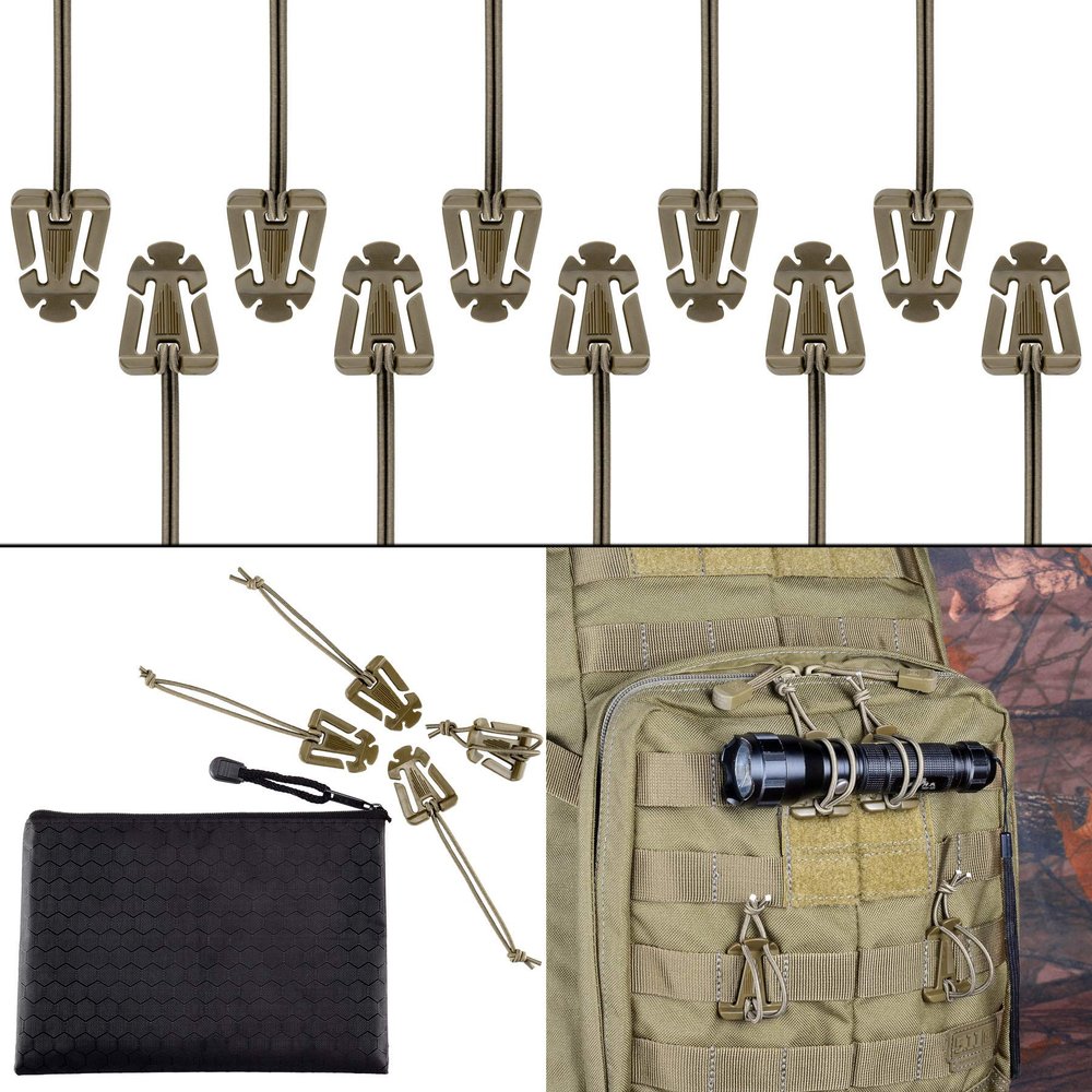 BOOSTEADY Pack of 10 Tactical Gear Clip Molle Web Dominators for Outdoor Hydration Tube Backpack Straps Management with Zippered Pouch