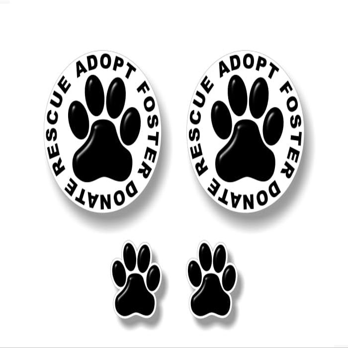 2 Dog Paw Rescue Adopt Foster Donate 4" Decals and 2 Paw Print 2'' Decals Puppy Foot Print Vinyl Stickers for Car Vehicle Window or Bumper (4 Black Paw on White Set)