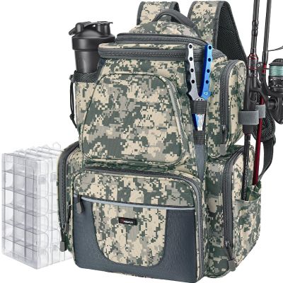 Piscifun Fishing Backpack with 2 Rod Holders & 4 Tackle Boxes, Large Tackle Storage Bag With Rain Cover for Fishing Gear, Digital Camouflage