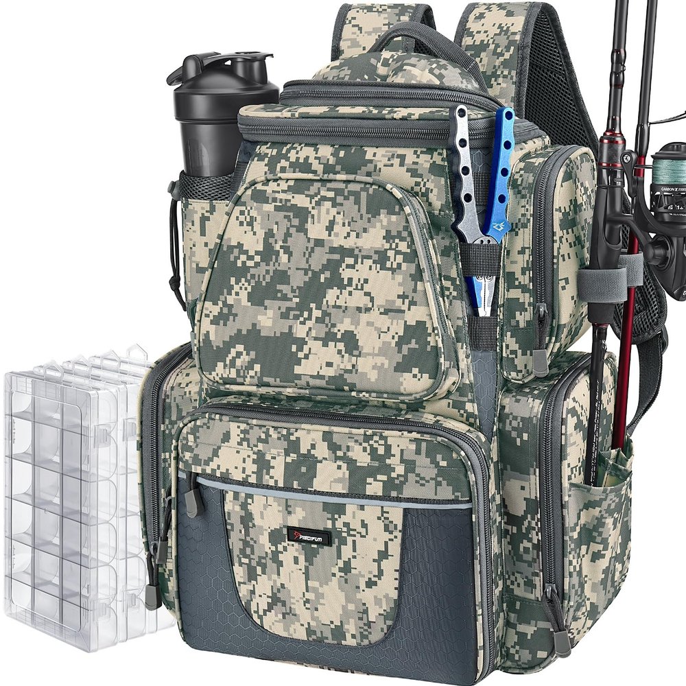 Piscifun Fishing Backpack with 2 Rod Holders & 4 Tackle Boxes, Large Tackle Storage Bag With Rain Cover for Fishing Gear, Digital Camouflage