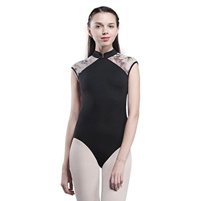 117141049 High Neck Floral Mesh Ballet Leotards Big Back with Skin Mesh Dance Leotards (XL, Black)
