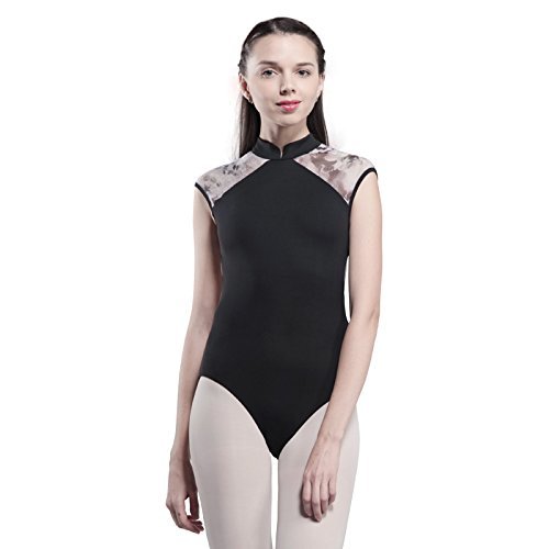 117141049 High Neck Floral Mesh Ballet Leotards Big Back with Skin Mesh Dance Leotards (XL, Black)