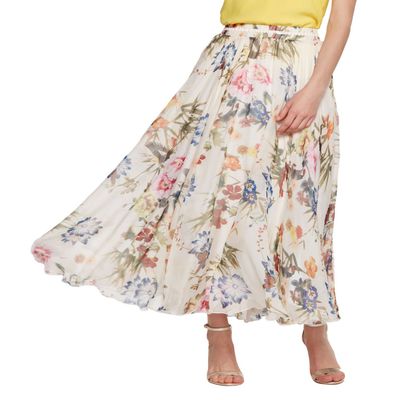 CHARTOU Women's Elegant Summer Full Length Boho Floral Print Pleated Chiffon Long Maxi Skirt Dress (White, Large)