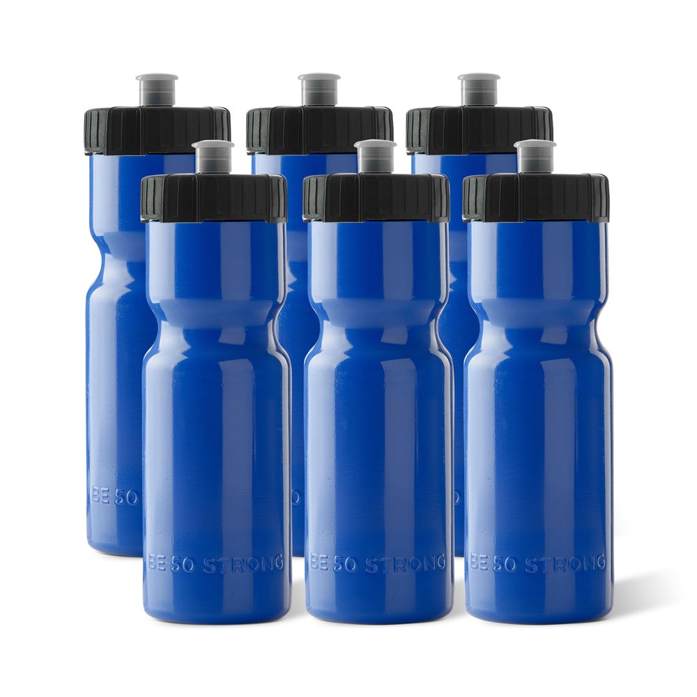 50 Strong Sports Water Bottles 6-Pack  Reusable 22 oz BPA-Free Plastic Bottles with Pull Top Cap  Made in USA  Top Rack Dishwasher Safe  Fits Most Bike Cages Brand - Blue
